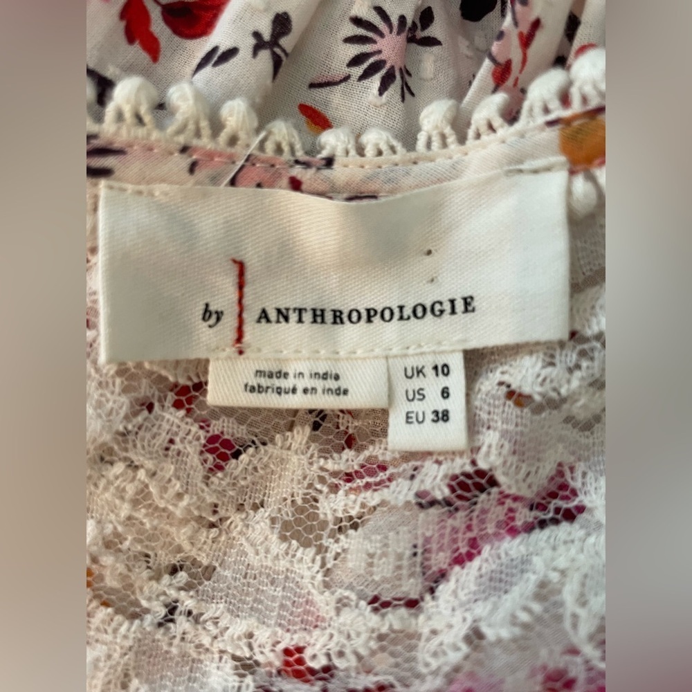 Anthropologie Puff Sleeve Floral Button-down Blouse with Lace - Picture 6 of 6